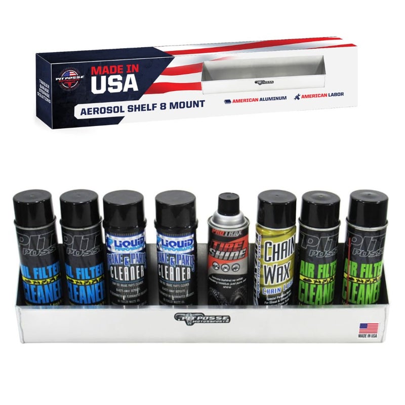 Pit Posse 567 Aerosol Shelf 8 Mount Spray Can Holder Trailer Garage Cabinet Organizer - Made in USA - Holds 8 Aerosol Cans - Shop Enclosed Race Trailer Accessory Aluminum Multi Use Storage (Silver) - Image 1